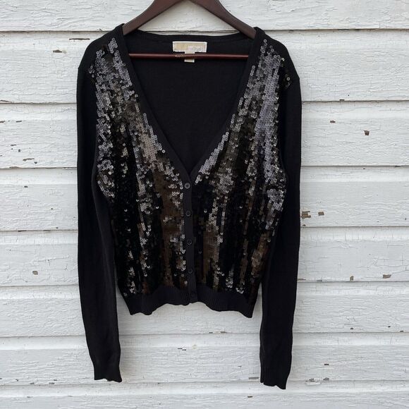 MICHAEL KORS Cotton Blend Knit Long Sleeve Black Sequin Button Up Cardigan- M - Picture 2 of 8